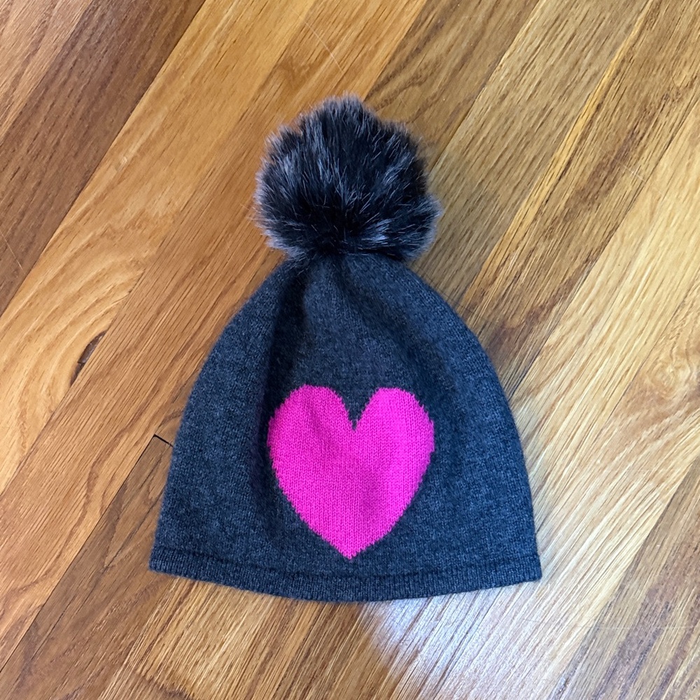 Hannah Rose Charcoal gray and Pink Heart cashmere Pom-Pom Beanie